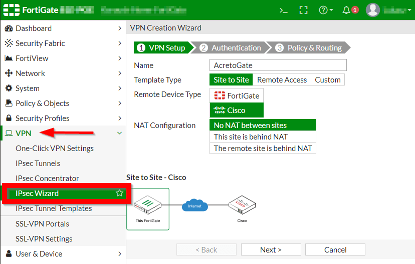 FortiGate - VPN wizard panel